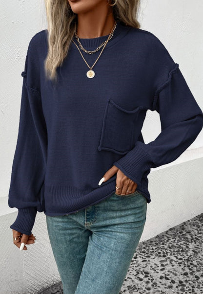 Textured Knit Drop Shoulder Pocket Sweater
