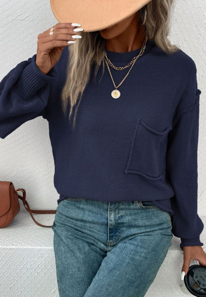 Textured Knit Drop Shoulder Pocket Sweater