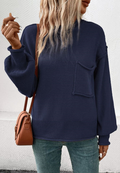 Textured Knit Drop Shoulder Pocket Sweater