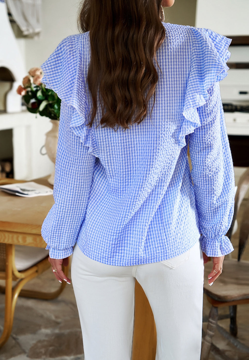 Camisa con volantes en la parte delantera y estampado de cuadros vichy