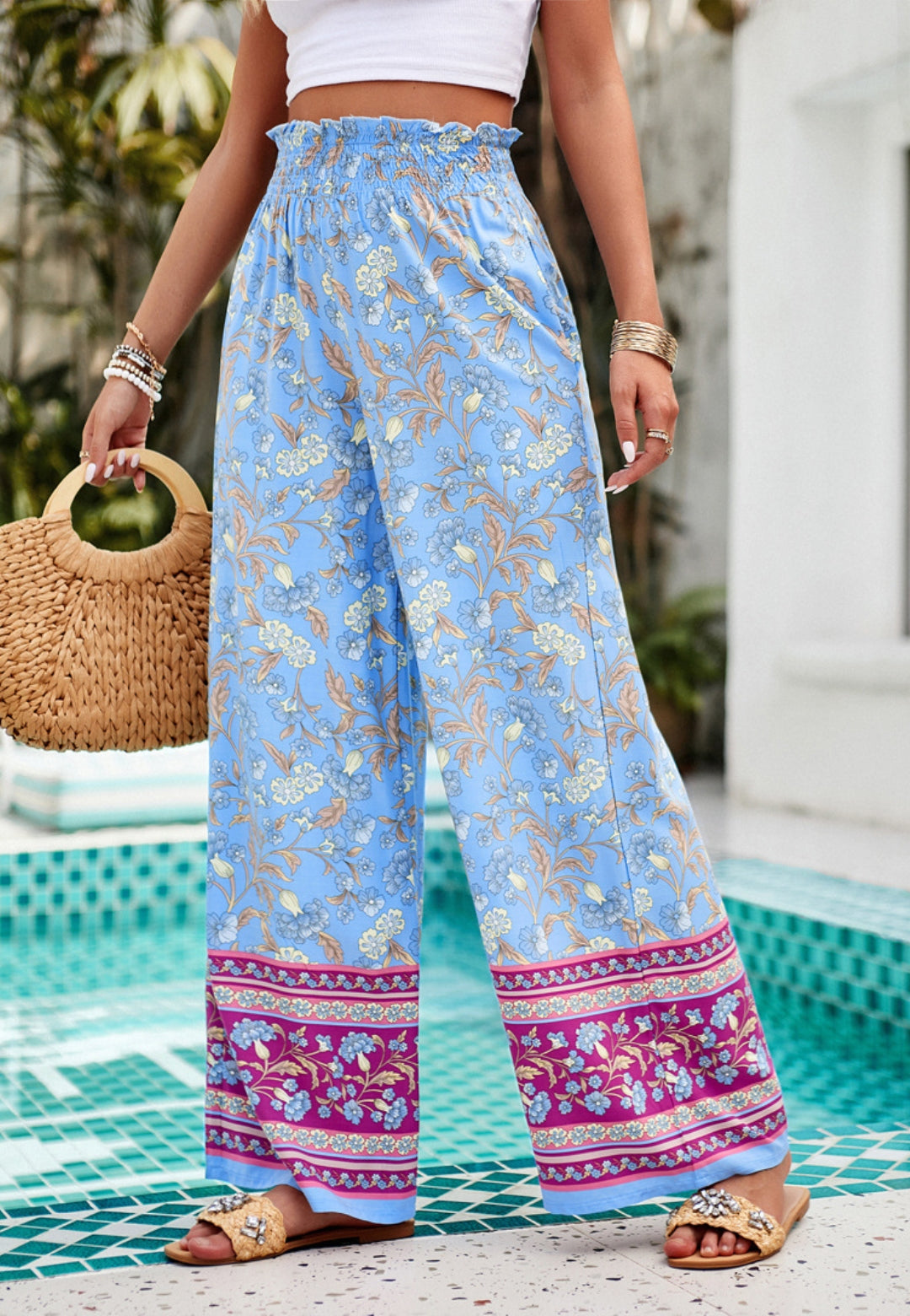 Shirred High Waist Floral Boho Pants