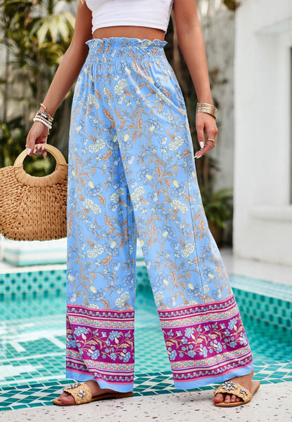 Shirred High Waist Floral Boho Pants