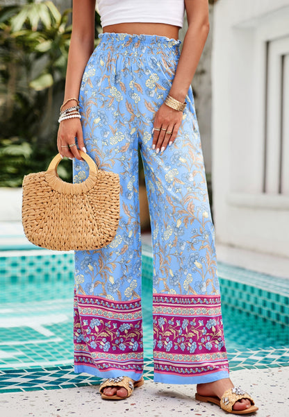 Shirred High Waist Floral Boho Pants