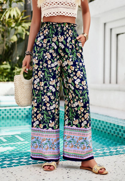 Shirred High Waist Floral Boho Pants