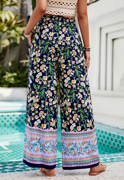 Shirred High Waist Floral Boho Pants