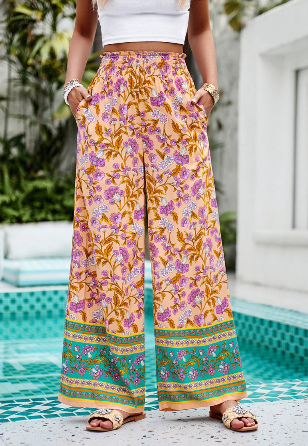 Shirred High Waist Floral Boho Pants