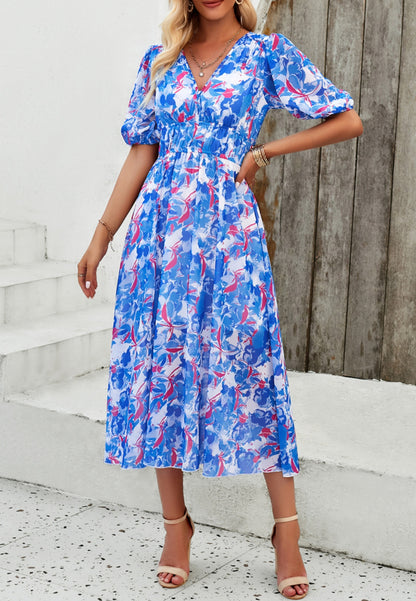 Floral V Neck Elastic Waist Dress