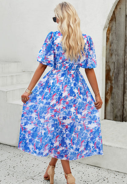 Floral V Neck Elastic Waist Dress