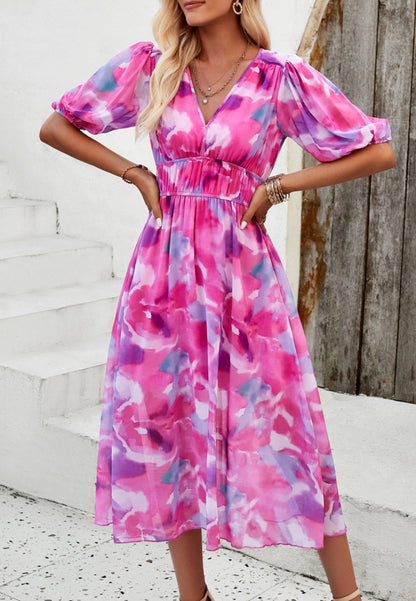 Floral V Neck Elastic Waist Dress