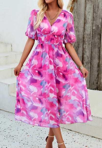 Floral V Neck Elastic Waist Dress