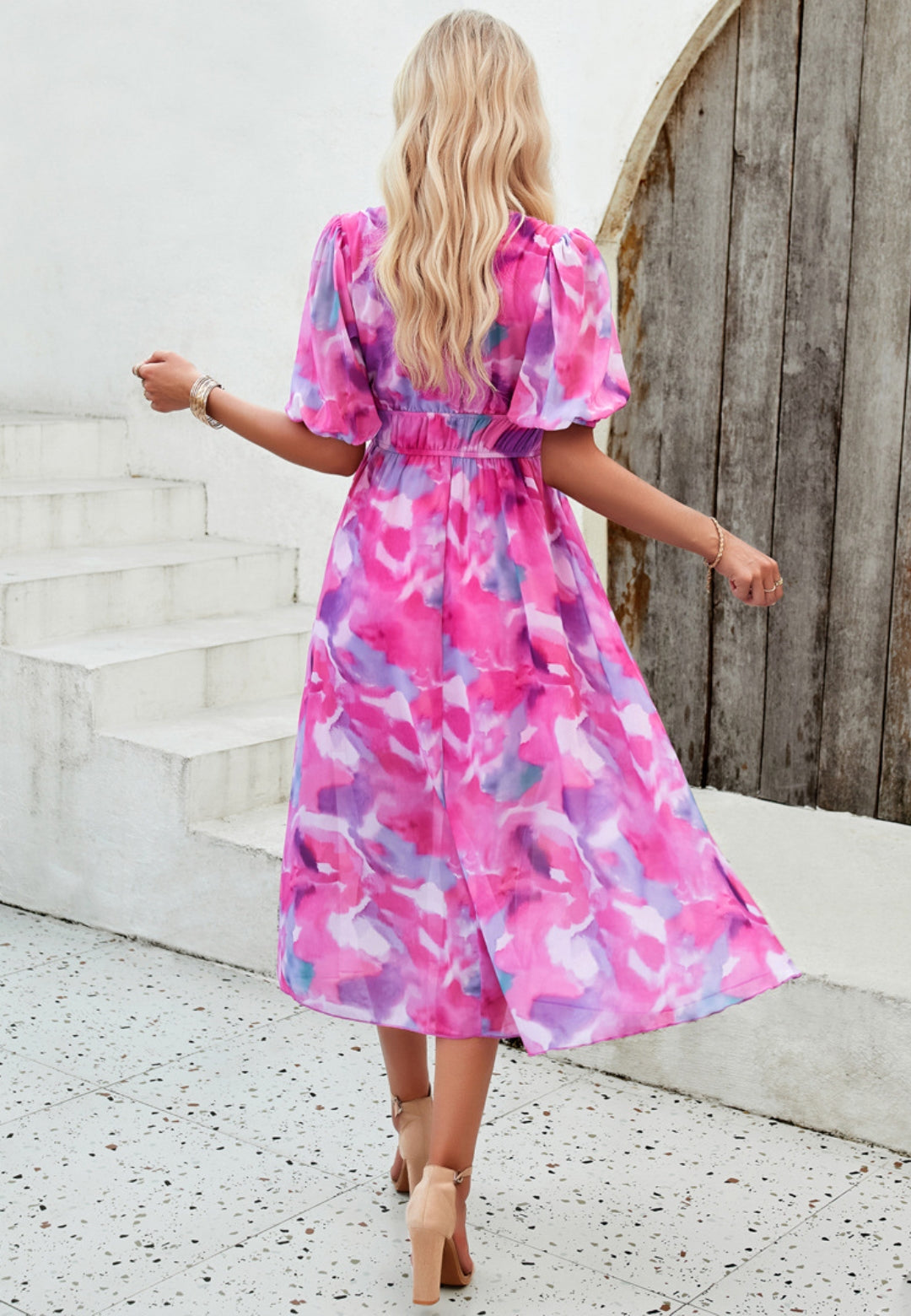 Floral V Neck Elastic Waist Dress