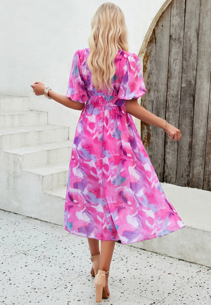Floral V Neck Elastic Waist Dress