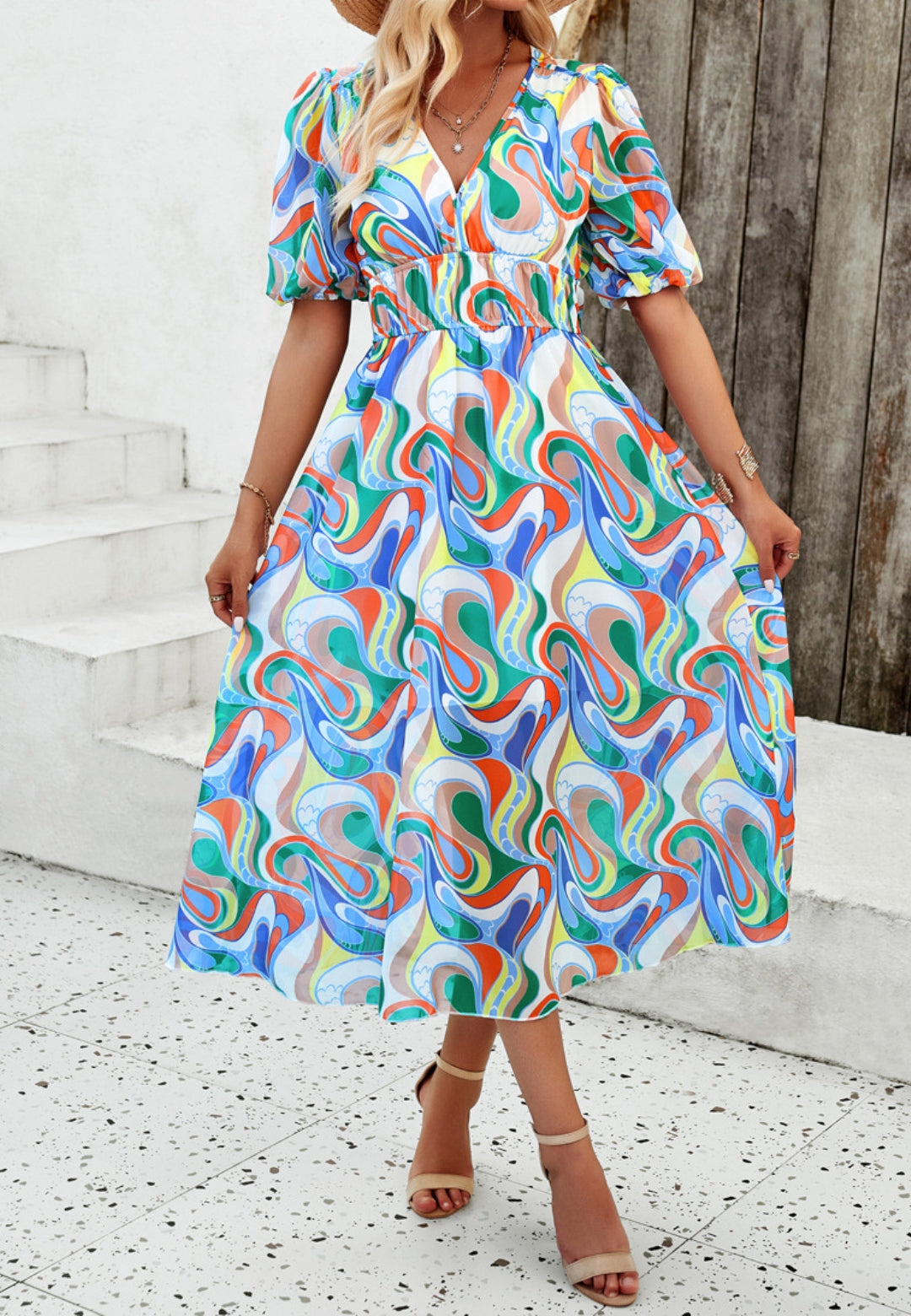 Floral V Neck Elastic Waist Dress