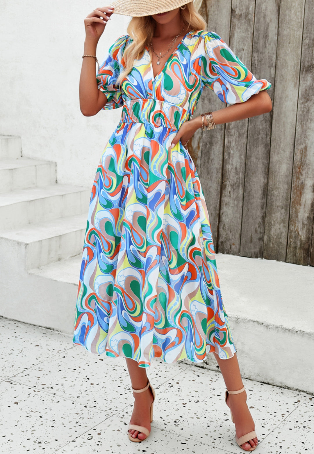 Floral V Neck Elastic Waist Dress