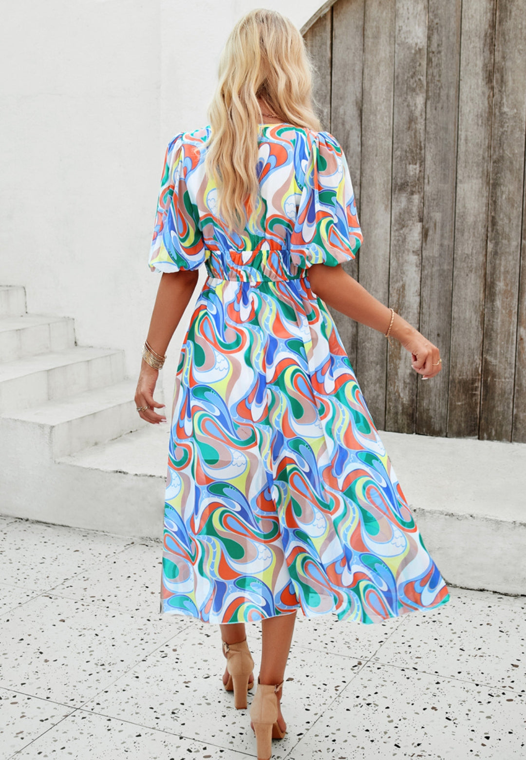 Floral V Neck Elastic Waist Dress