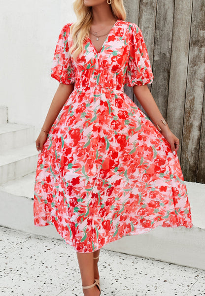 Floral V Neck Elastic Waist Dress