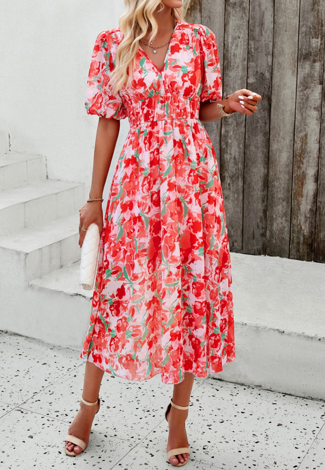 Floral V Neck Elastic Waist Dress