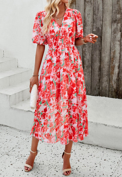 Floral V Neck Elastic Waist Dress
