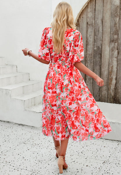 Floral V Neck Elastic Waist Dress