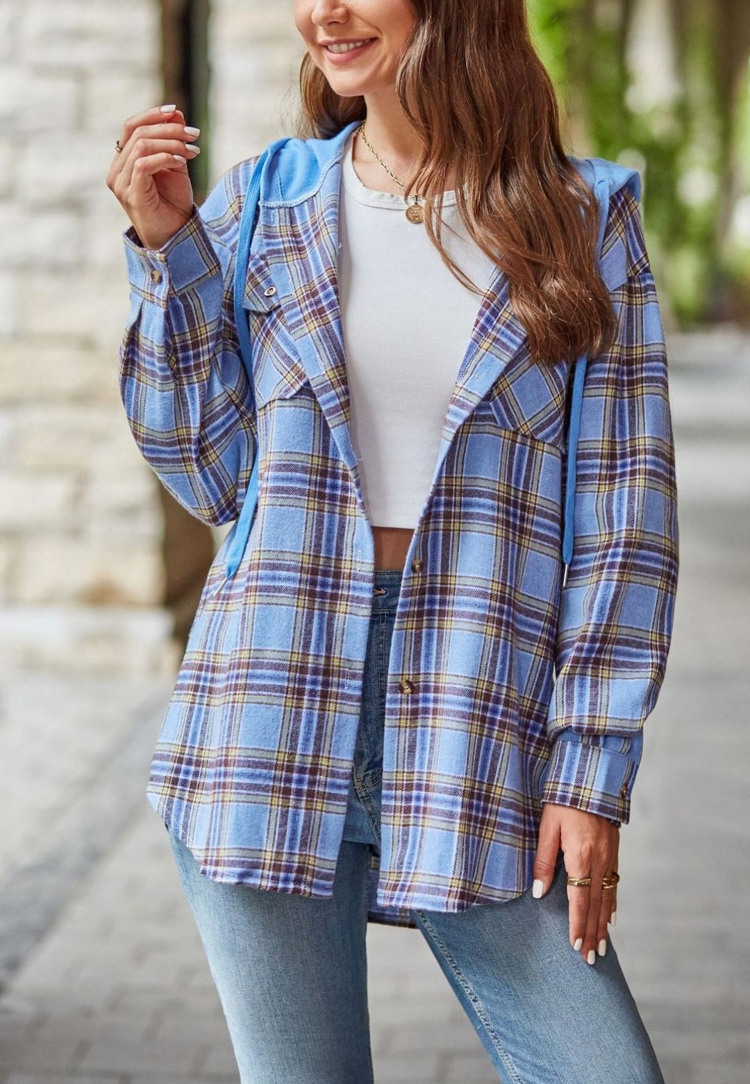 Chaqueta con capucha y estampado de cuadros