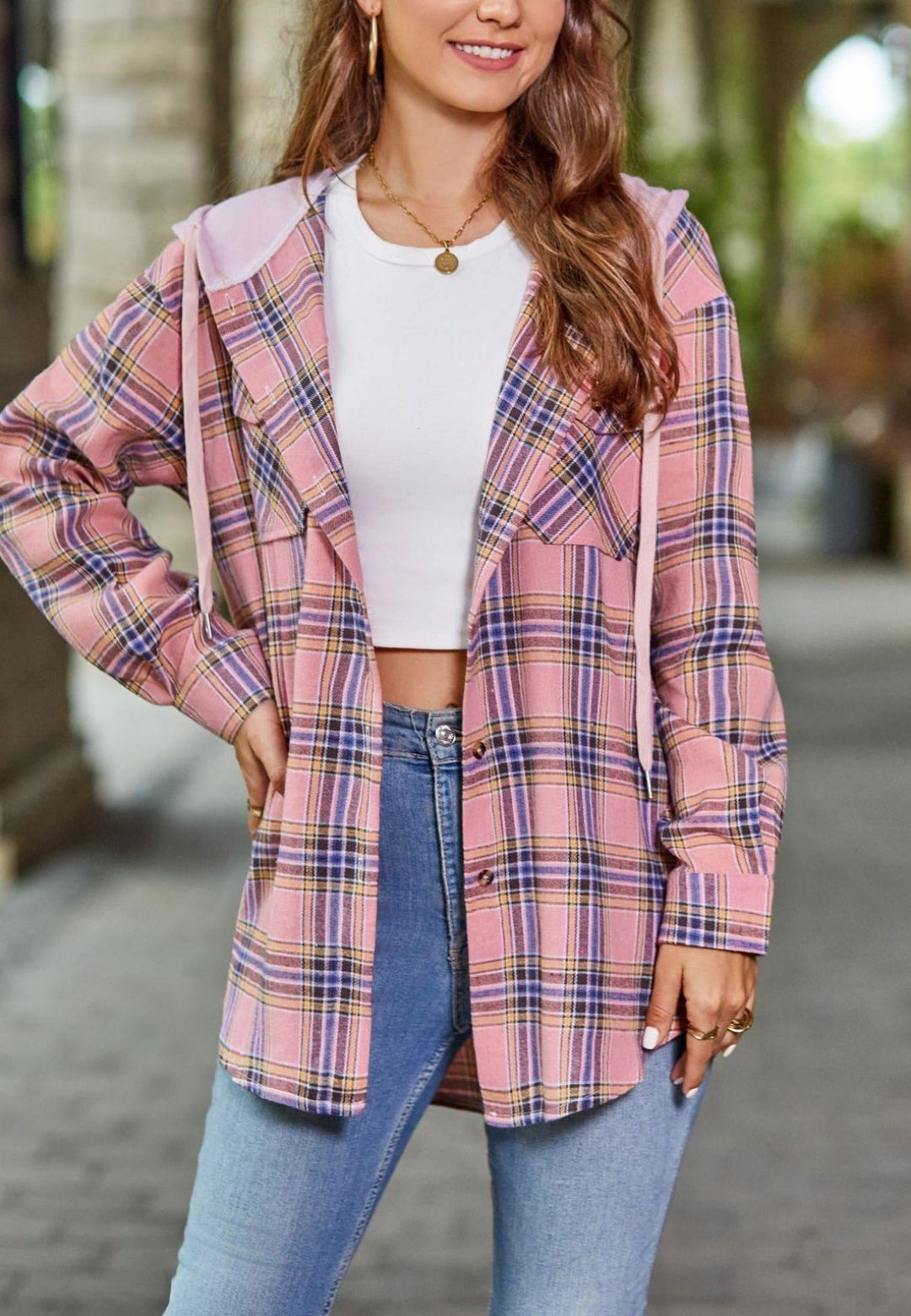 Plaid Print Button Front Drop Shoulder Hooded Shacket for Plaid Print Button Front Drop Shoulder Hooded Shacket for