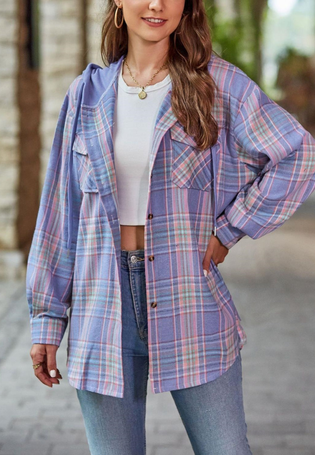 Chaqueta con capucha y estampado de cuadros
