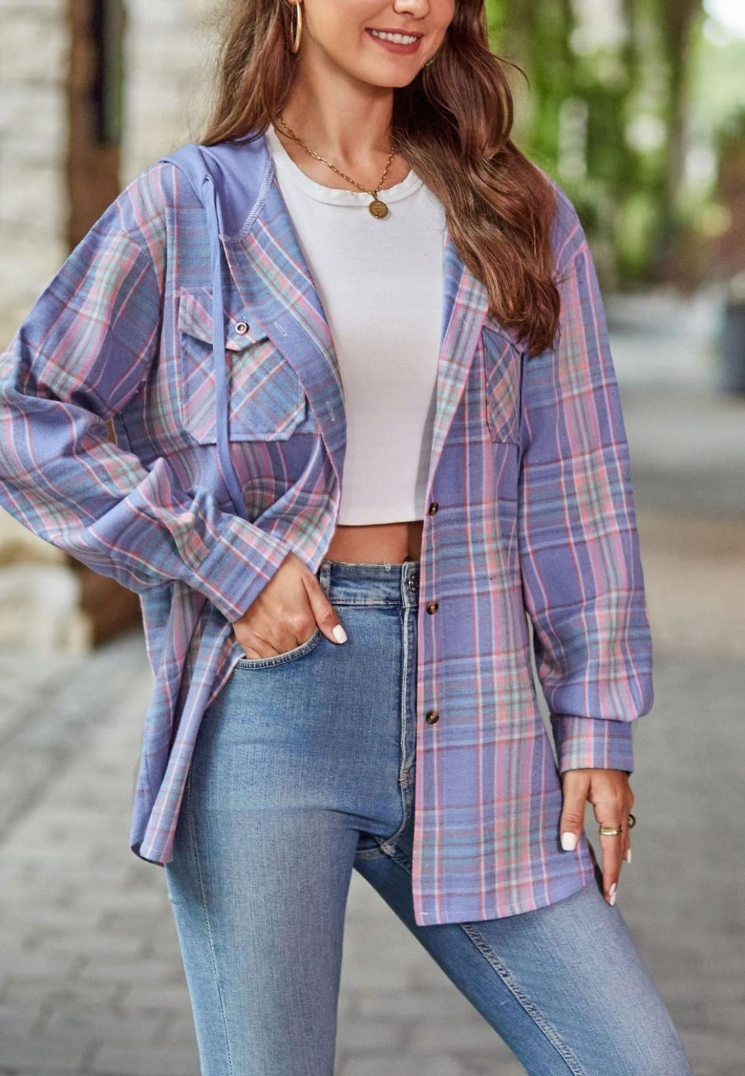 Chaqueta con capucha y estampado de cuadros