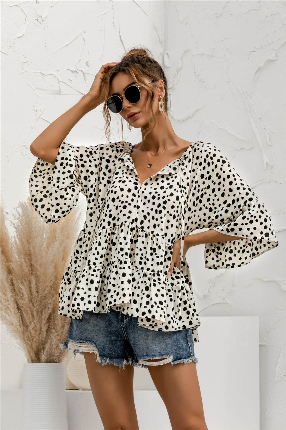 Ruffle Flared Dot Blouse