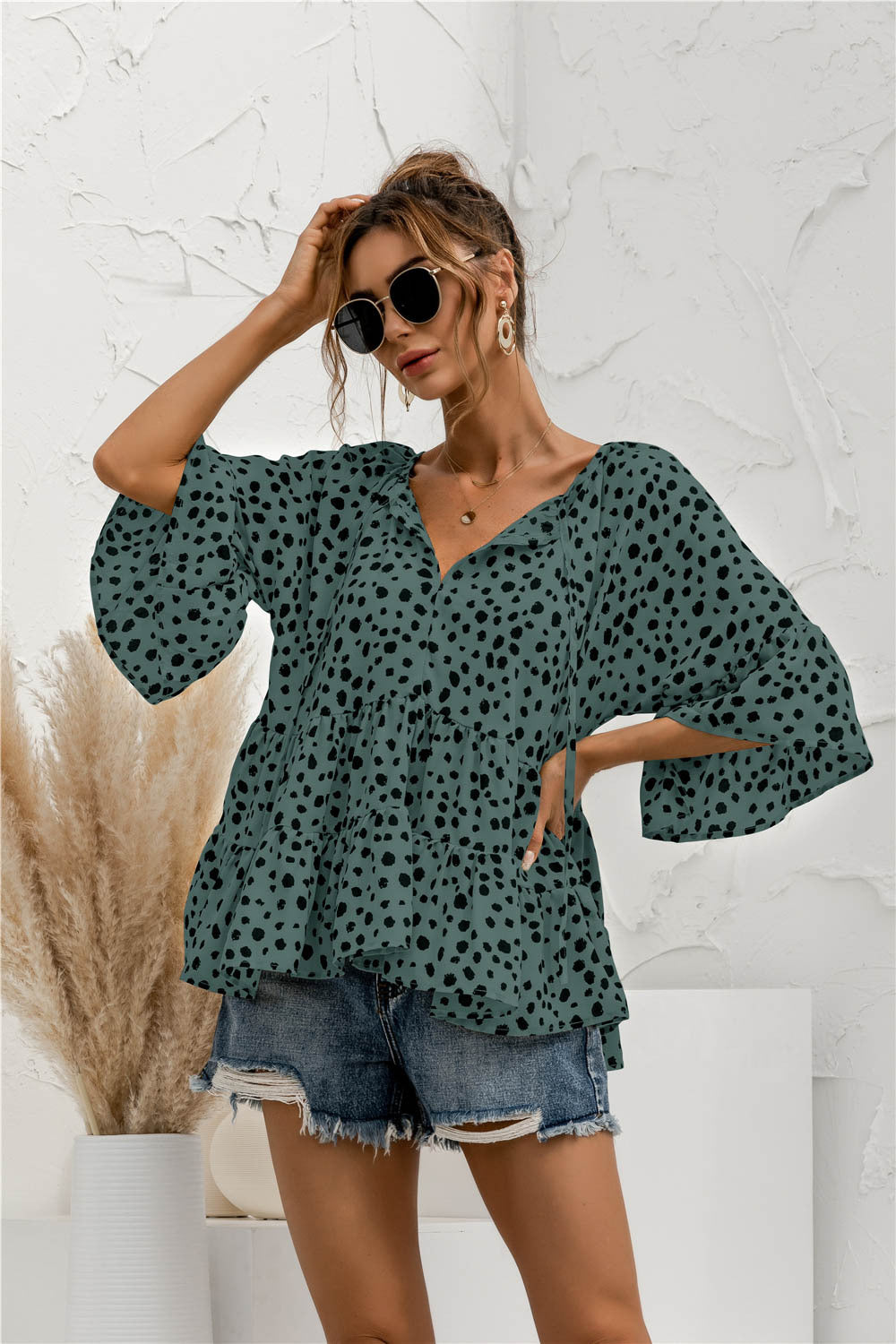 Ruffle Flared Dot Blouse