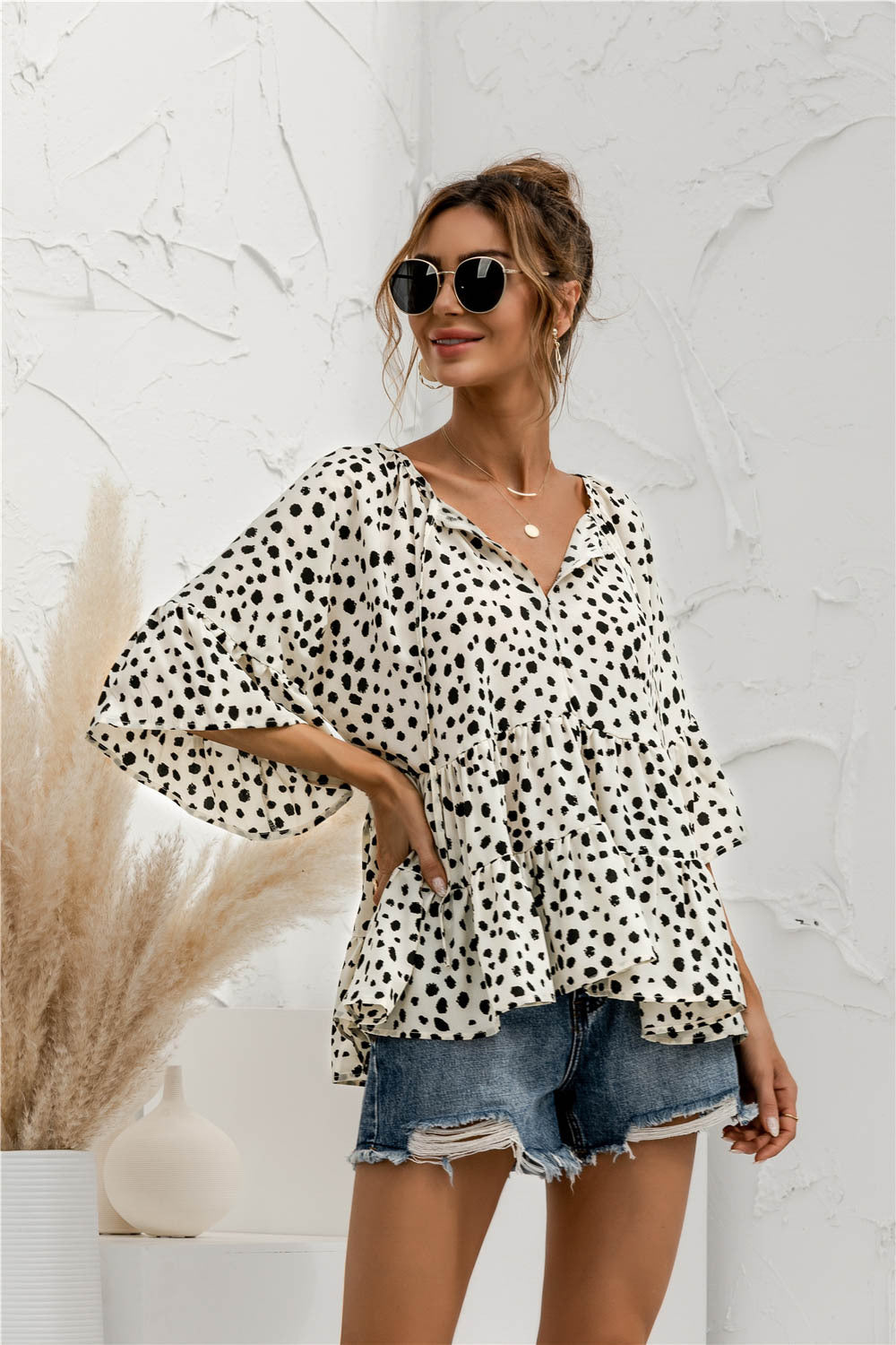Ruffle Flared Dot Blouse