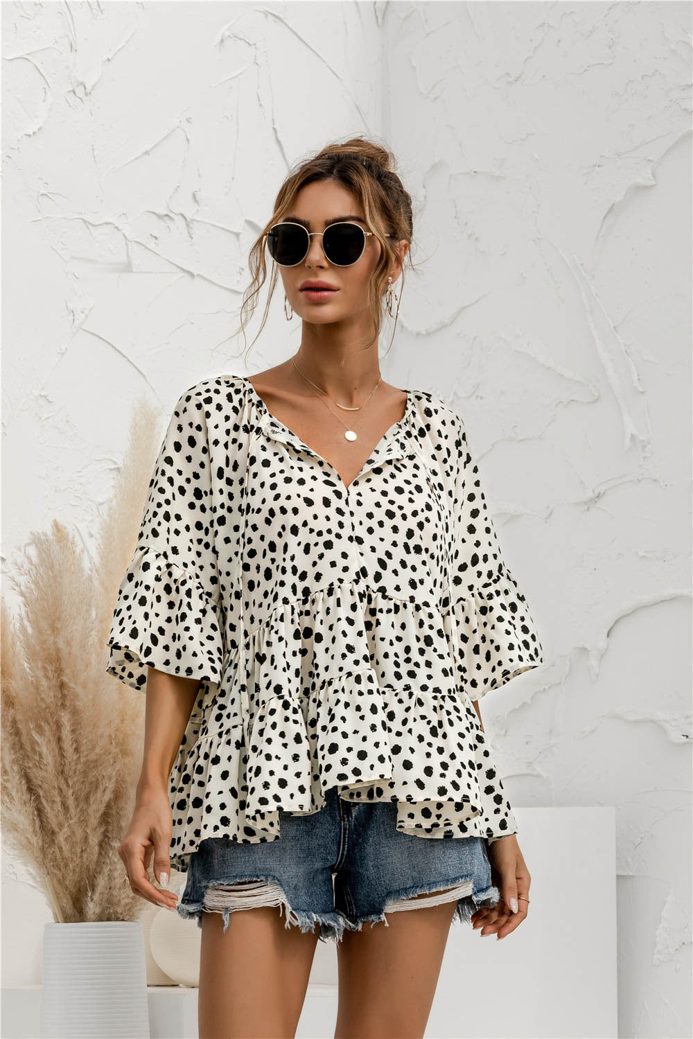 Ruffle Flared Dot Blouse
