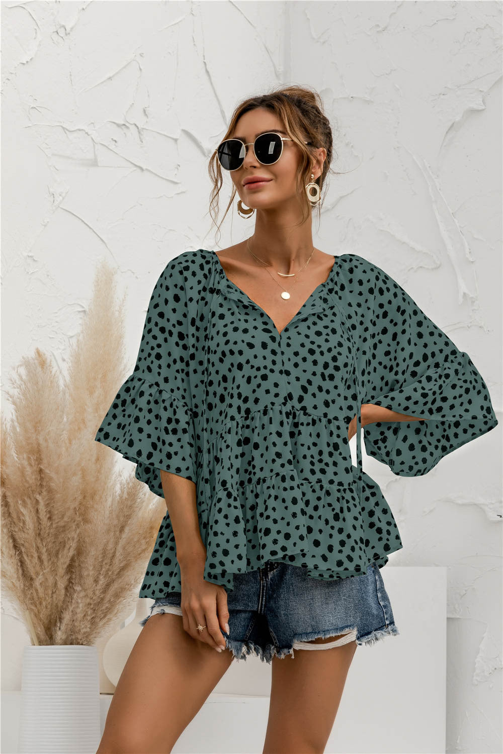 Ruffle Flared Dot Blouse