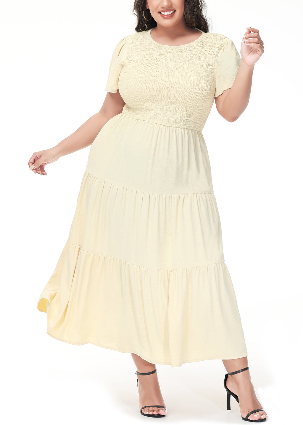 Vestido largo informal de talla grande con escote redondo, manga corta, cintura elástica y fruncido para mujer de Anna-Kaci
