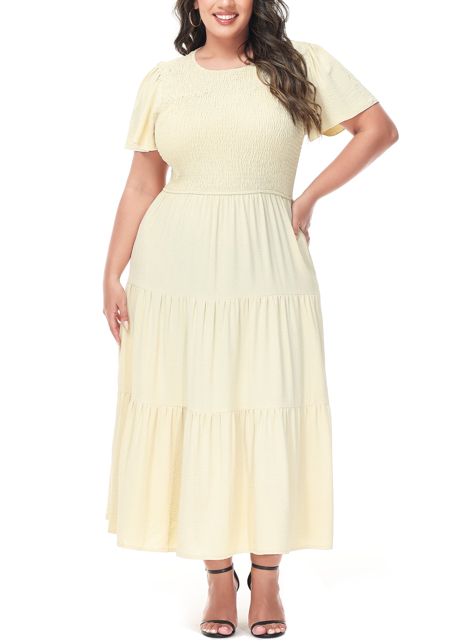 Anna-Kaci Women's Plus Size Casual Round Neck Flutter Short Sleeve Elastic Waist Smocked Tiered Maxi Dress, Beige / Plus-4X-20W-22W Anna-Kaci Women's Plus Size Casual Round Neck Flutter Short Sleeve Elastic Waist Smocked Tiered Maxi Dress, Beige / Plus-4X-20W-22W