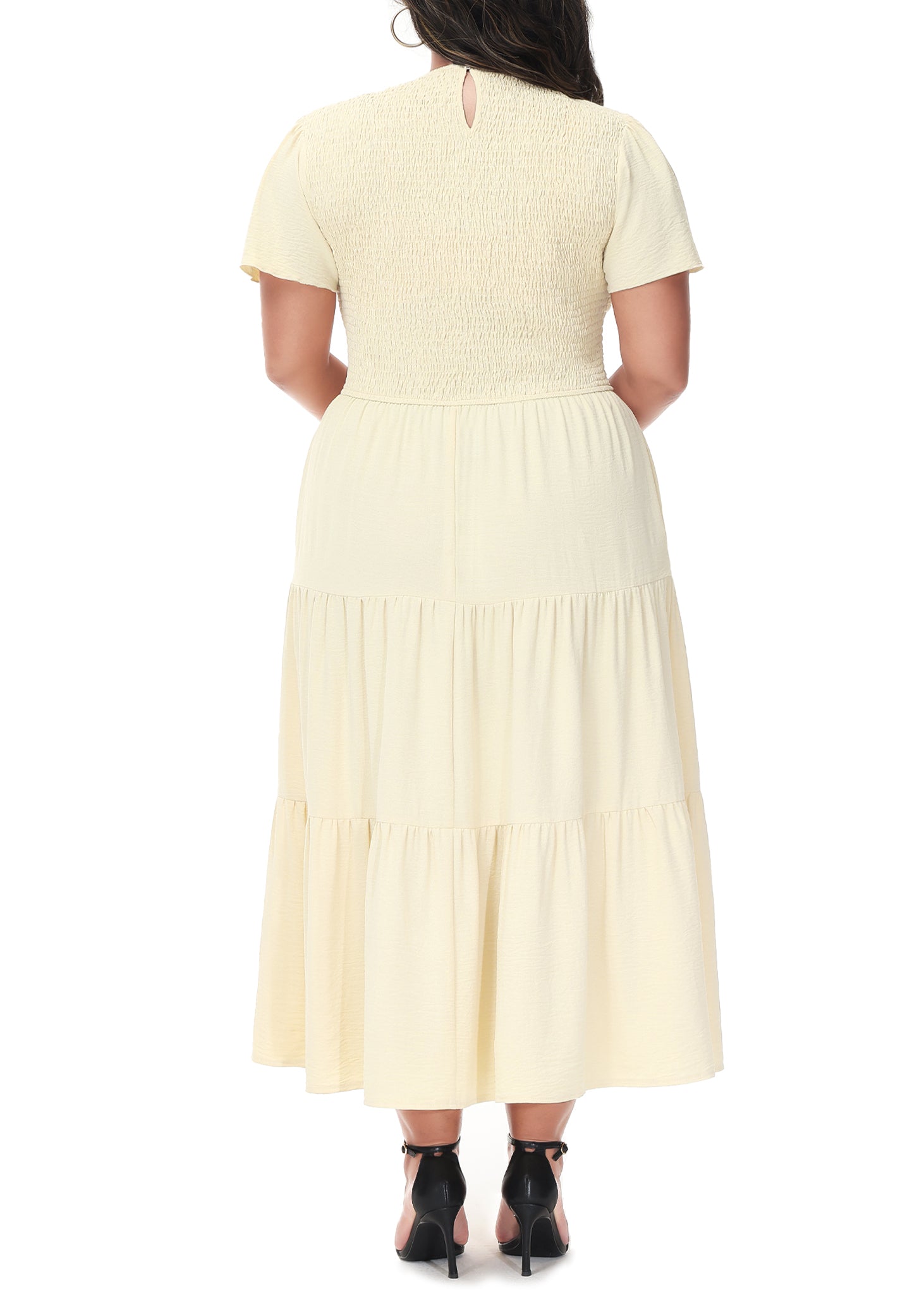 Vestido largo informal de talla grande con escote redondo, manga corta, cintura elástica y fruncido para mujer de Anna-Kaci