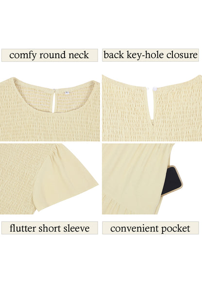 Anna-Kaci Women's Plus Size Casual Round Neck Flutter Short Sleeve Elastic Waist Smocked Tiered Maxi Dress