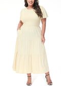 Vestido largo informal de talla grande con escote redondo, manga corta, cintura elástica y fruncido para mujer de Anna-Kaci
