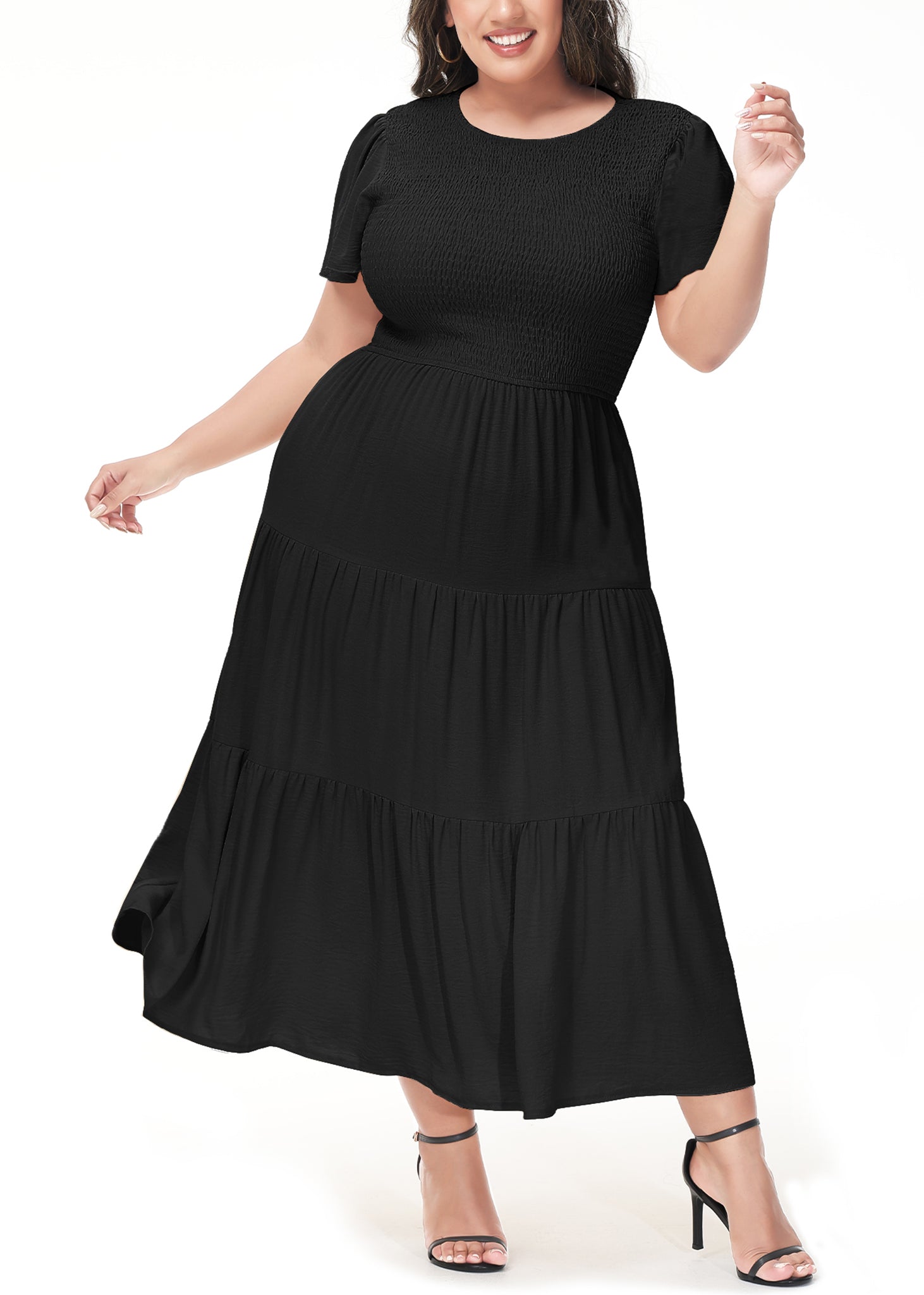 Vestido largo informal de talla grande con escote redondo, manga corta, cintura elástica y fruncido para mujer de Anna-Kaci