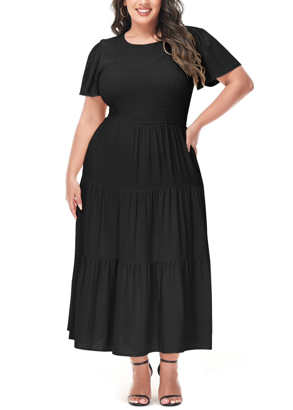 Vestido largo informal de talla grande con escote redondo, manga corta, cintura elástica y fruncido para mujer de Anna-Kaci