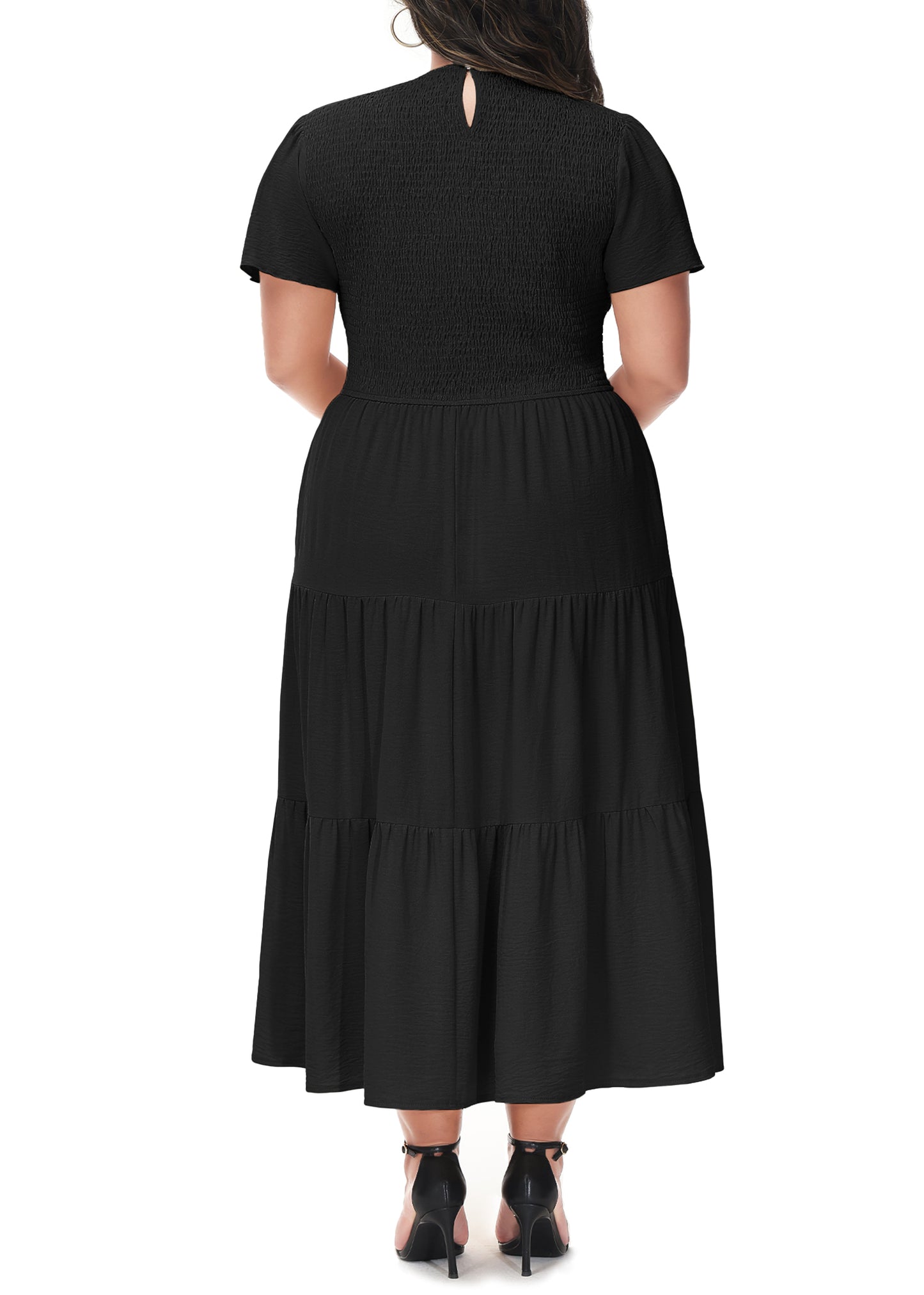 Anna-Kaci Women's Plus Size Casual Round Neck Flutter Short Sleeve Elastic Waist Smocked Tiered Maxi Dress