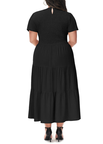 Anna-Kaci Women's Plus Size Casual Round Neck Flutter Short Sleeve Elastic Waist Smocked Tiered Maxi Dress