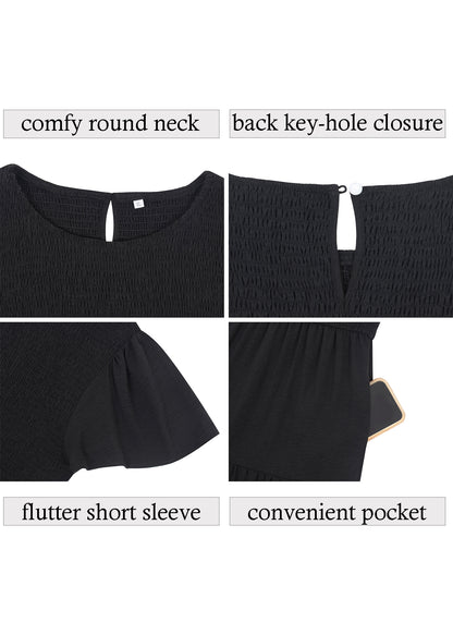 Anna-Kaci Women's Plus Size Casual Round Neck Flutter Short Sleeve Elastic Waist Smocked Tiered Maxi Dress