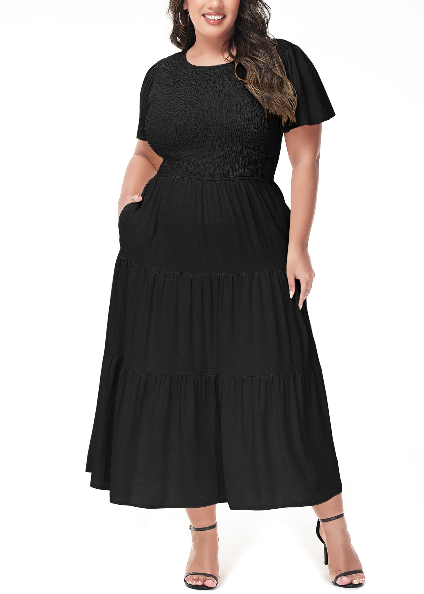 Vestido largo informal de talla grande con escote redondo, manga corta, cintura elástica y fruncido para mujer de Anna-Kaci
