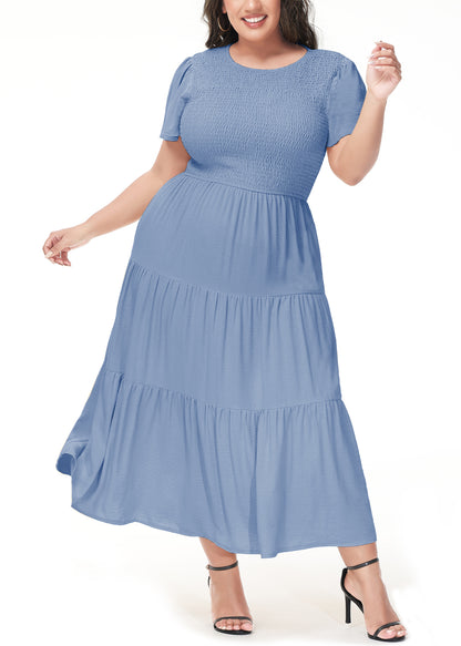 Anna-Kaci Women's Plus Size Casual Round Neck Flutter Short Sleeve Elastic Waist Smocked Tiered Maxi Dress