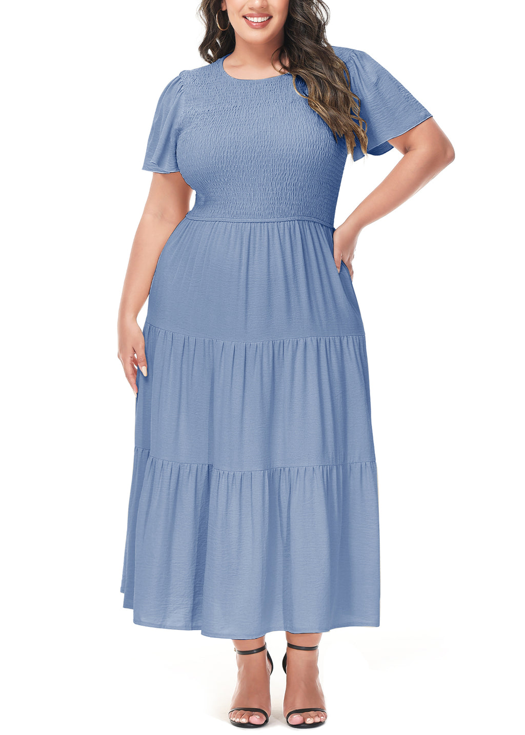 Vestido largo informal de talla grande con escote redondo, manga corta, cintura elástica y fruncido para mujer de Anna-Kaci