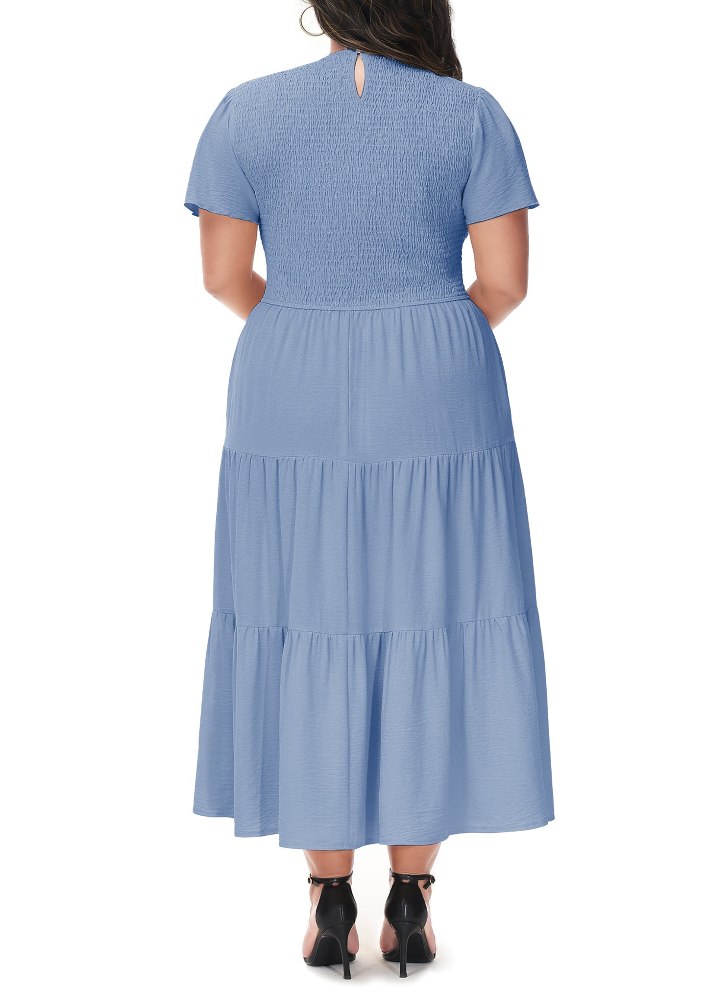 Anna-Kaci Women's Plus Size Casual Round Neck Flutter Short Sleeve Elastic Waist Smocked Tiered Maxi Dress