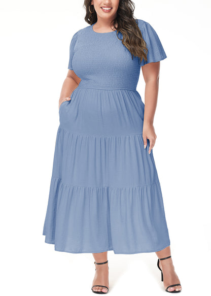 Anna-Kaci Women's Plus Size Casual Round Neck Flutter Short Sleeve Elastic Waist Smocked Tiered Maxi Dress
