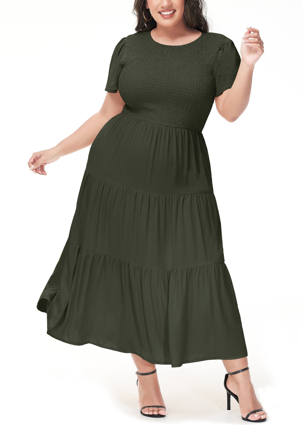 Vestido largo informal de talla grande con escote redondo, manga corta, cintura elástica y fruncido para mujer de Anna-Kaci