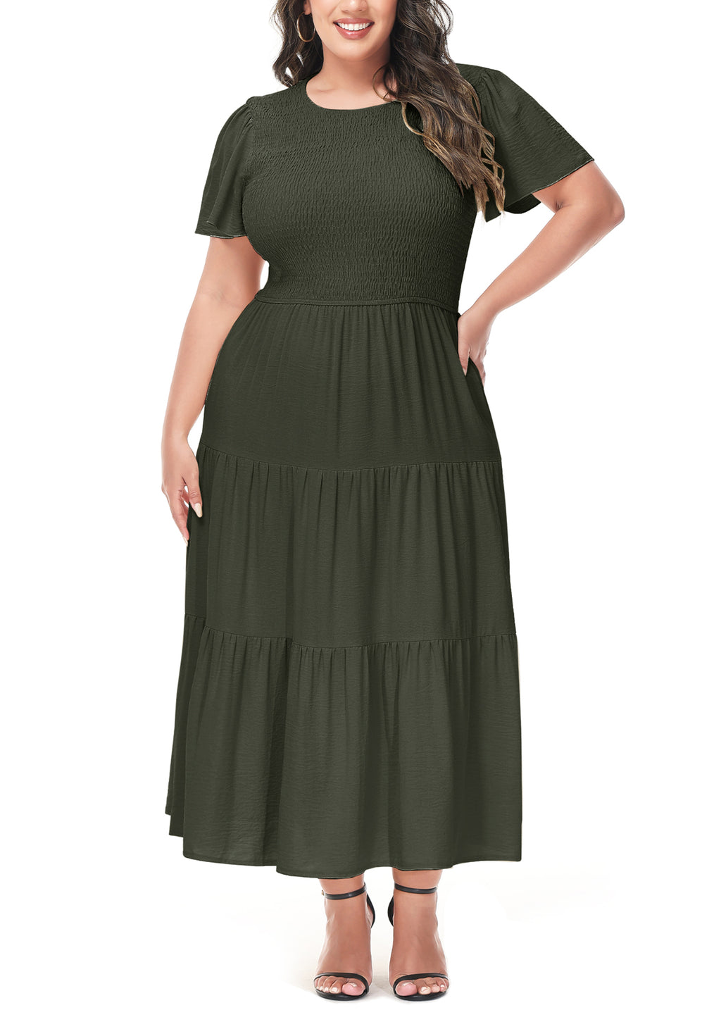 Vestido largo informal de talla grande con escote redondo, manga corta, cintura elástica y fruncido para mujer de Anna-Kaci