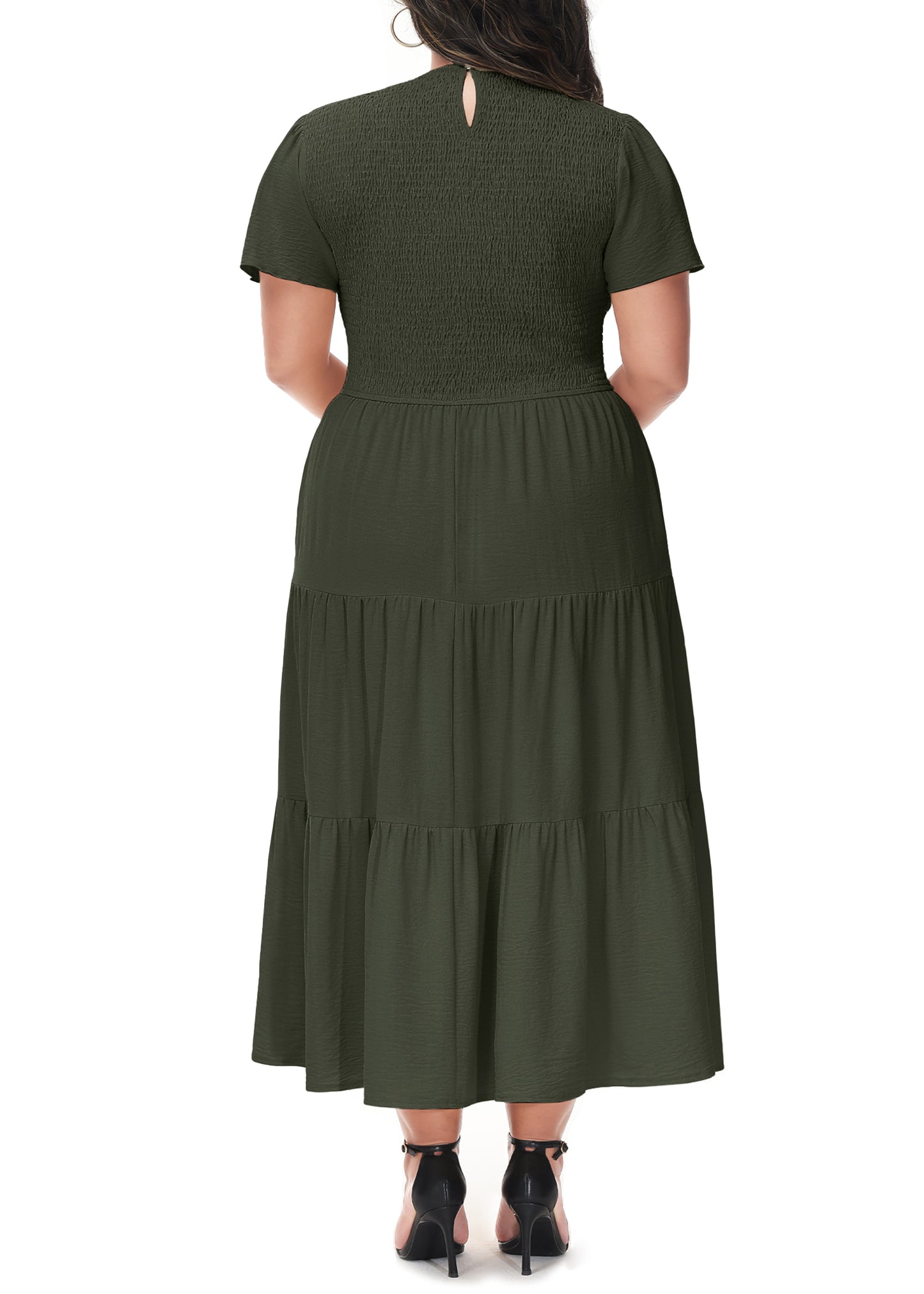 Anna-Kaci Women's Plus Size Casual Round Neck Flutter Short Sleeve Elastic Waist Smocked Tiered Maxi Dress